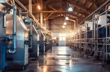 Rows of stainless steel milking equipment in a modern dairy farm parlor.