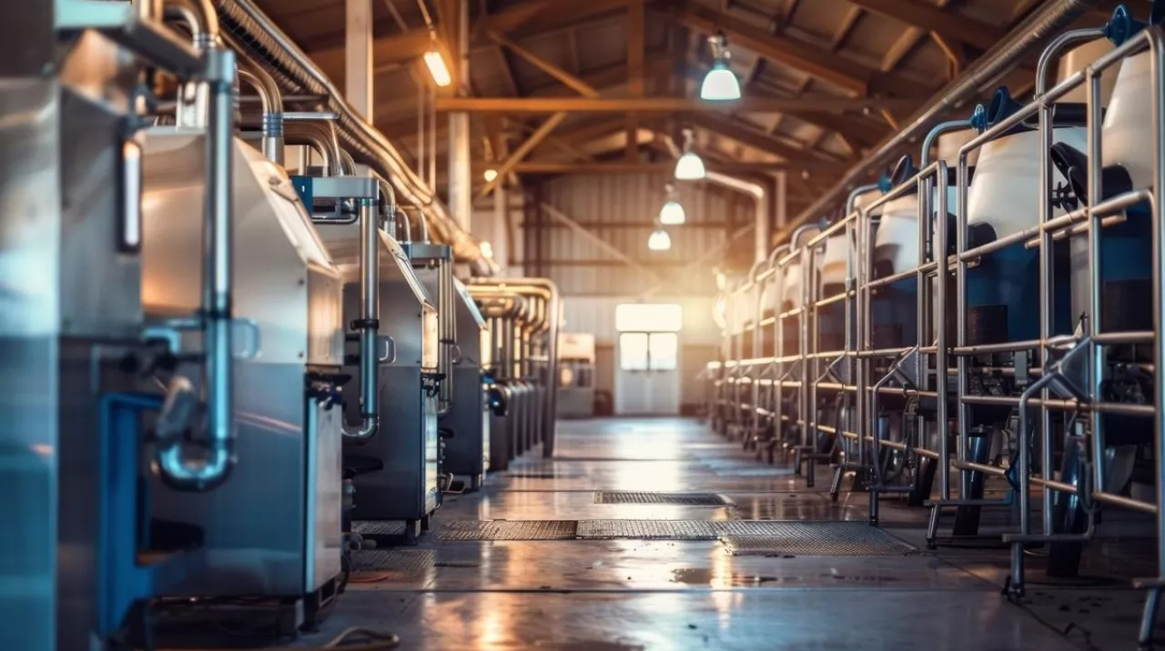 Rows of stainless steel milking equipment in a modern dairy farm parlor.