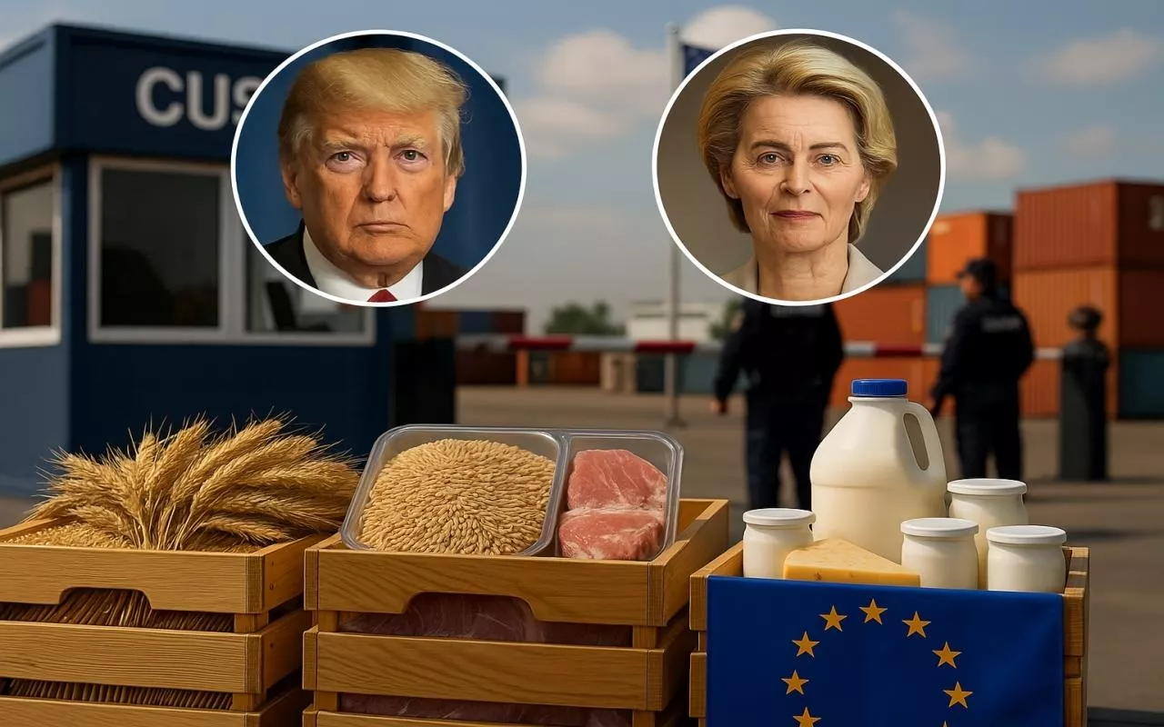 Kompozycja przedstawiająca produkty rolne (zboża, mięso, nabiał) na tle posterunku celnego z flagą USA oraz symbolami Unii Europejskiej. W górnej części widoczne portrety Donalda Trumpa i Ursuli von der Leyen jako autorów przełomowej umowy handlowej znoszącej cła na produkty rolne.