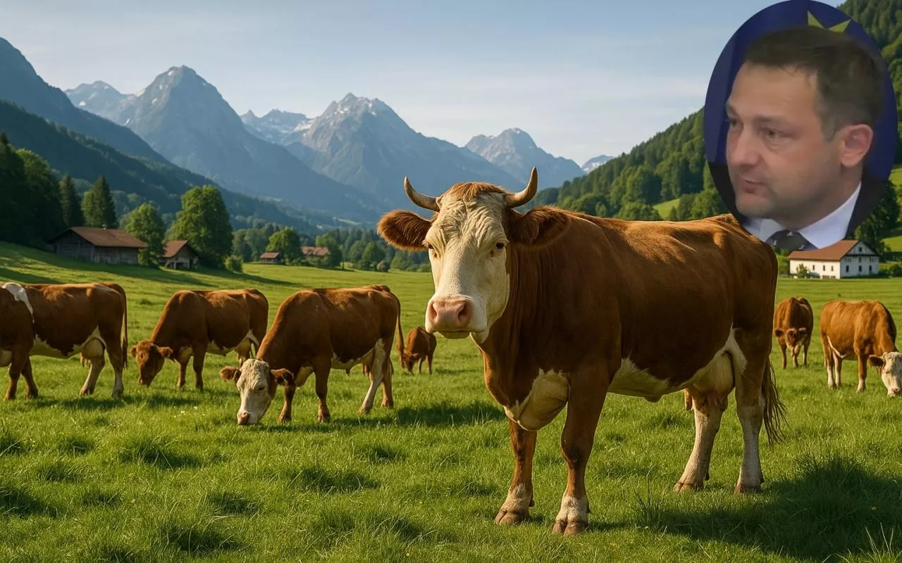 Fotorealistyczne zdjęcie bydła wypasającego się na zielonym pastwisku w malowniczym alpejskim krajobrazie Bawarii. W rogu zdjęcia widoczny portret komisarza UE ds. rolnictwa Christophe Hansena, symbolizujący jego zaangażowanie w zmiany przepisów dotyczących wypasu bydła ekologicznego.