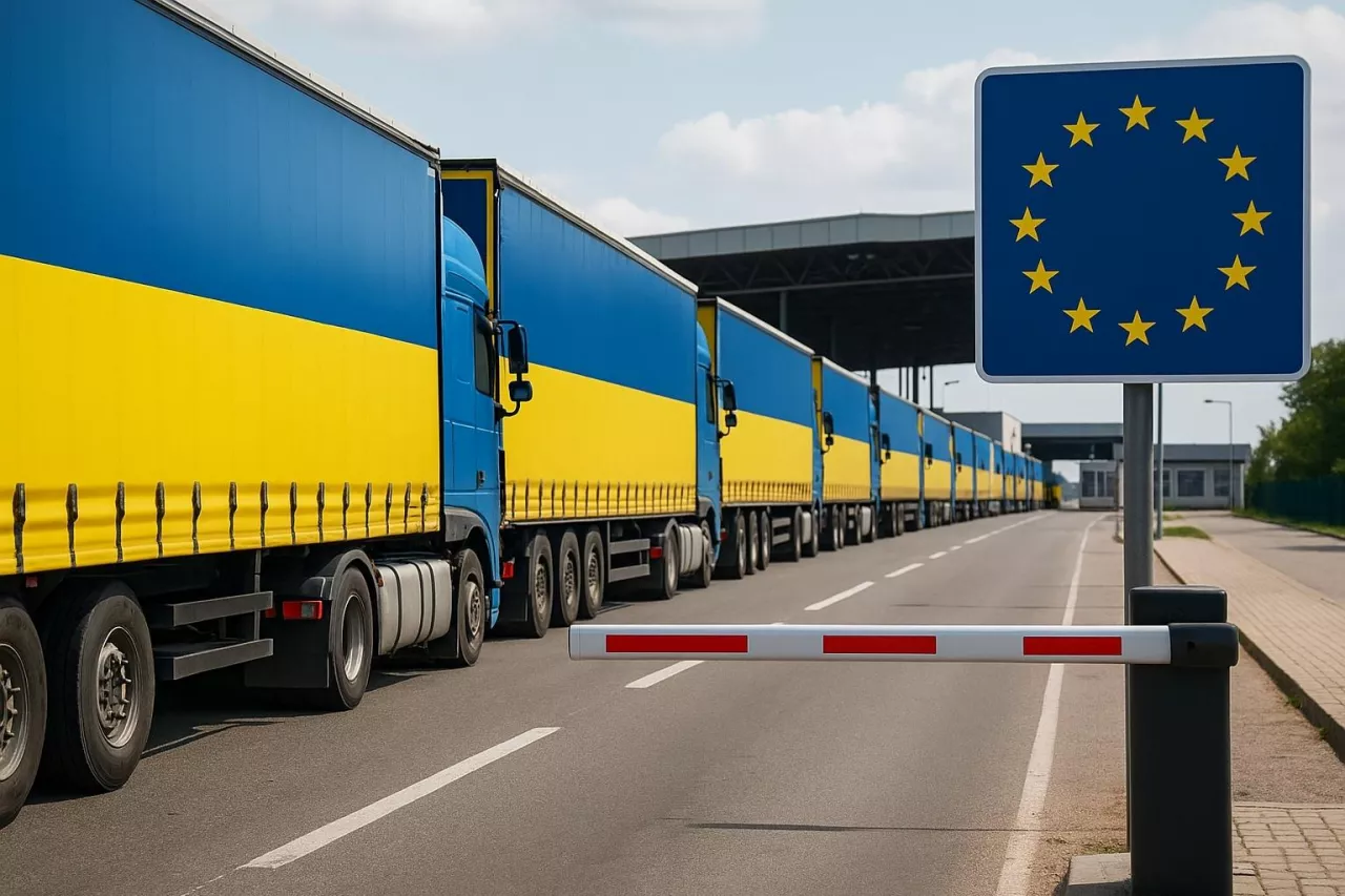 Ukraińskie tiry czekające przed granicą z Unią Europejską. Symbol sytuacji przed wygasającą umową handlową.