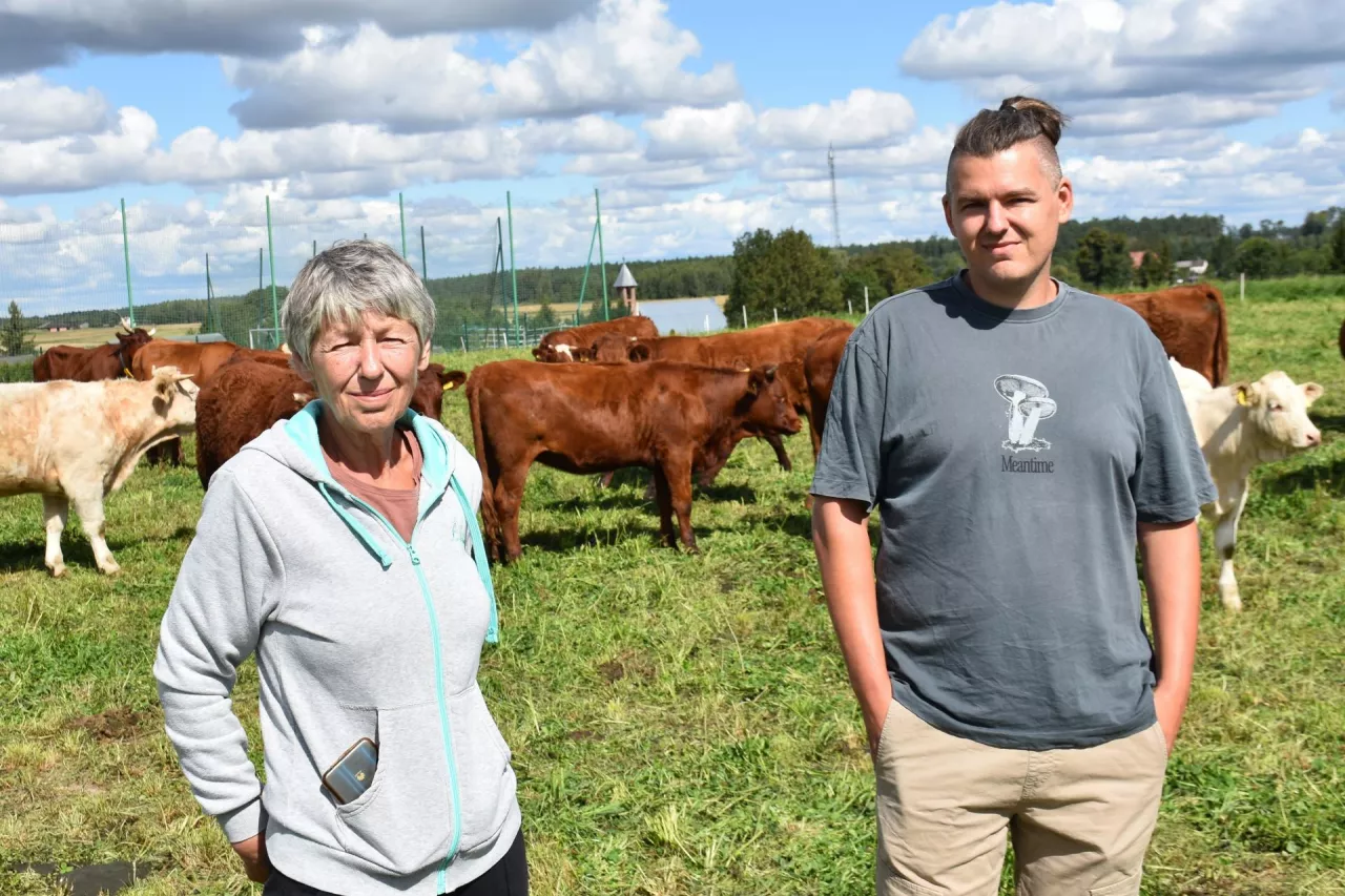 Piotr Czepek (po prawej) oraz jego matka Krystyna Czepek stoją na pastwisku z wielorasowym stadem bydła w tle.