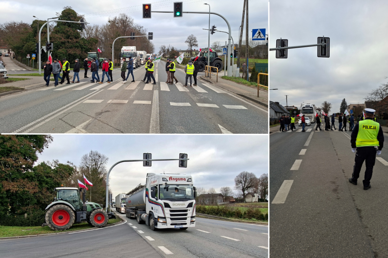 Protest rolników, którzy blokują przejazd przez drogę krajową DK 10, który jest pilnowany przez policję