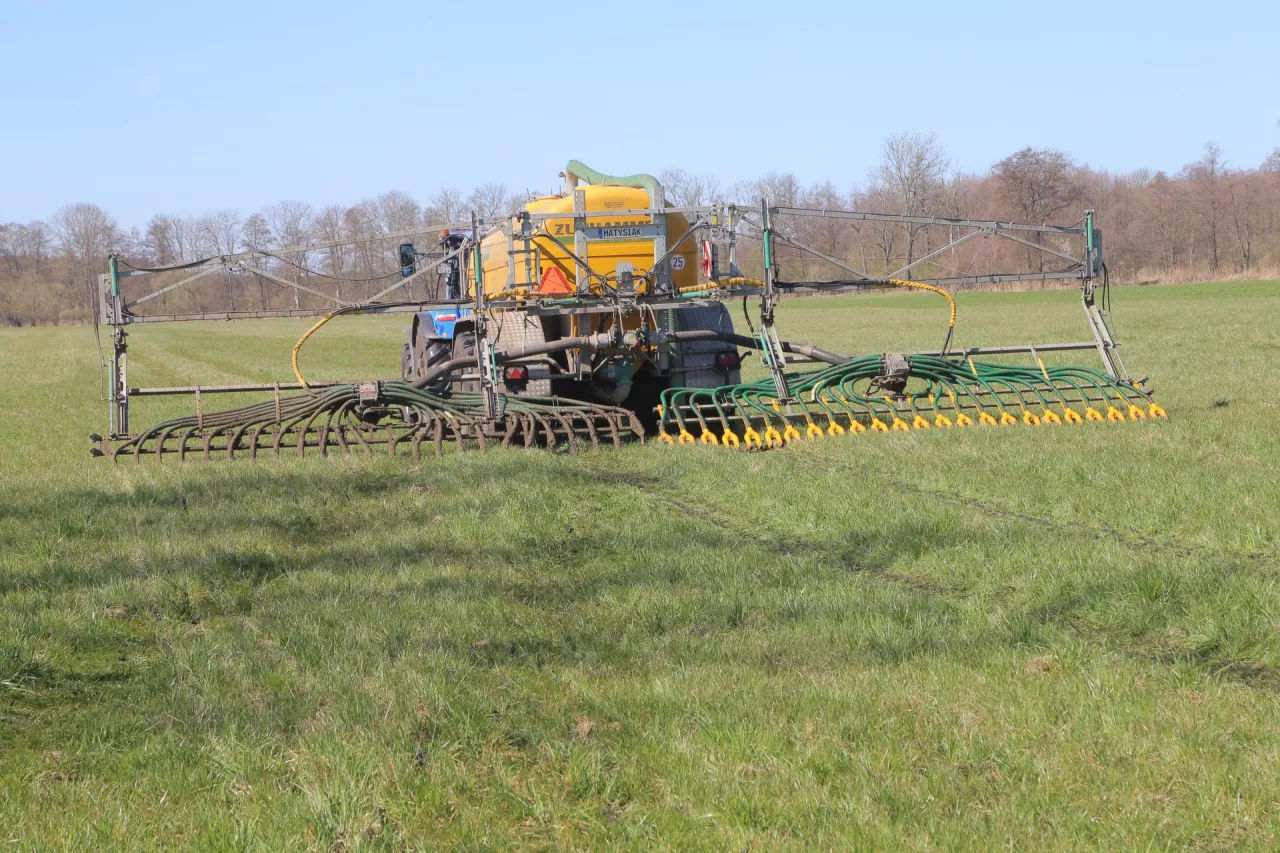 Wiosną 2025 w jednym z gospodarstw w Wielkopolsce sprawdziliśmy efekty nawożenia gnojowicą użytków zielonych za pomocą apliatora łyżwowego z pojedynczą i podwójną końcówką.