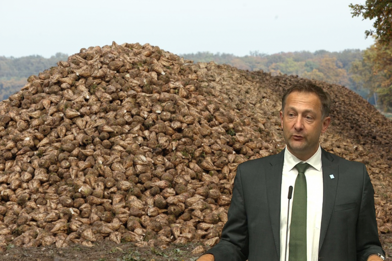 Komisarz Ue ds. rolnictwa Christophe Hansen na tle pryzmy buraków cukrowych